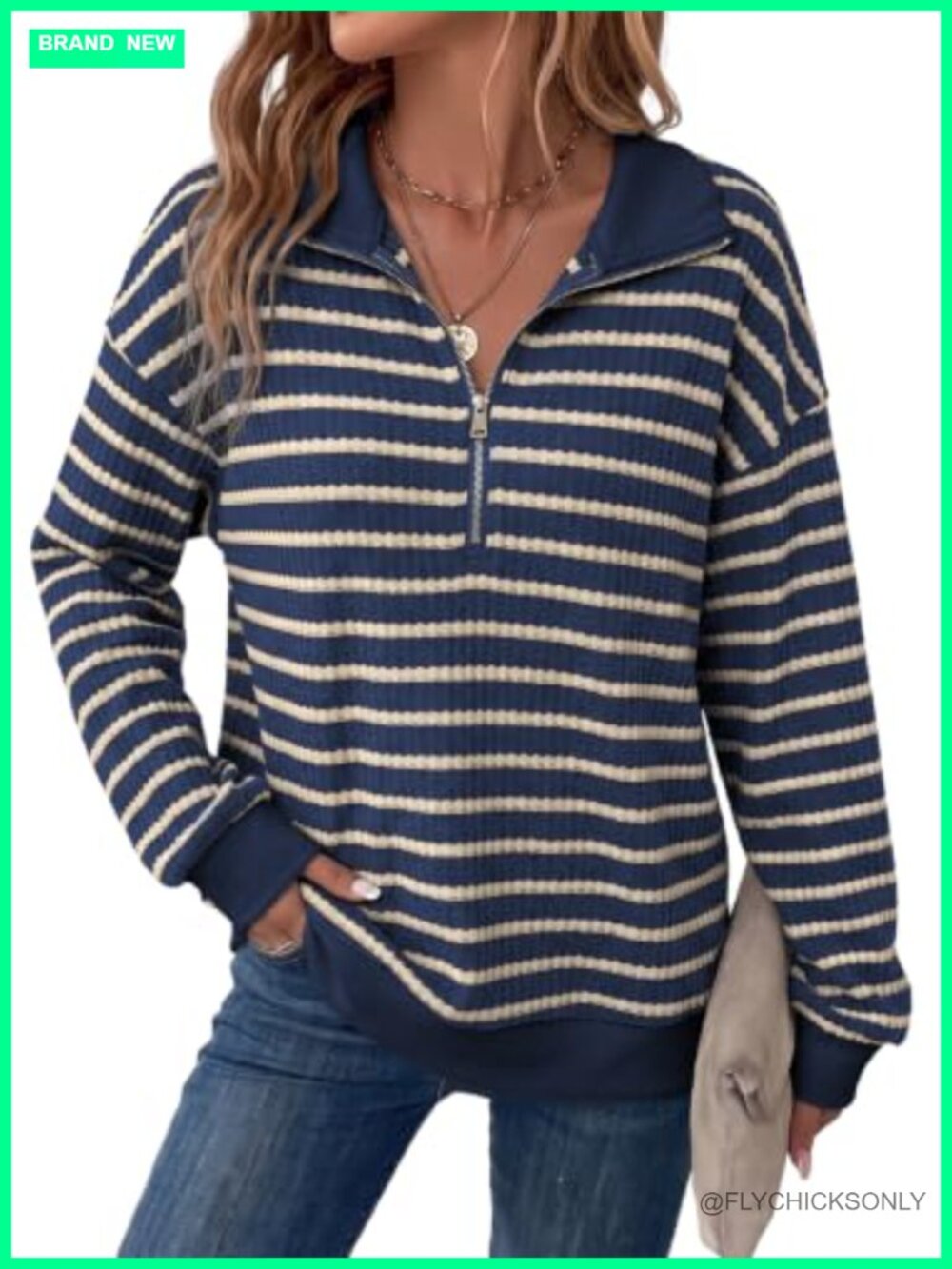 Dokotoo Waffle Knit Half Zip Striped Color Block Loose Sweatshirt Womens